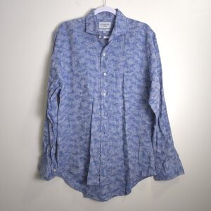 LEDBURY Linen Blue Camo Tailored Fit Casual Dress‎ Shirt 16.5 / L